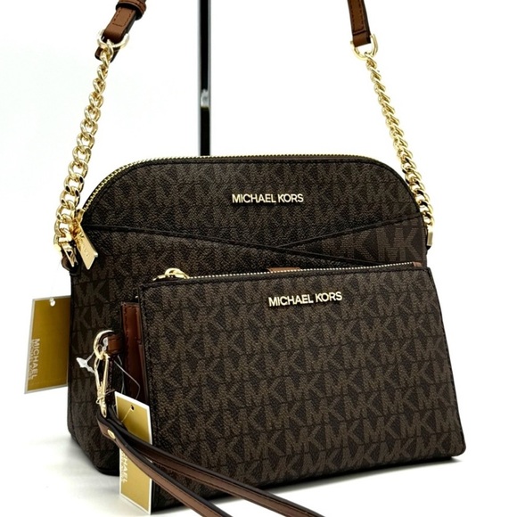 MICHAEL KORS Jet Set Travel Medium Dome Crossbody Bag & Double Zip Wallet Brown - Picture 1 of 13